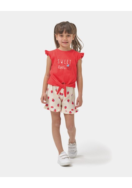 Kız Çocuk Önden Bağlamalı T-Shirt Şortlu Örme Müslin Yazlık Ikili Takım
