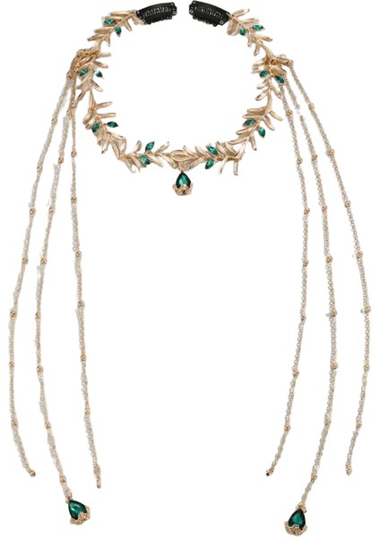 Hint Boho Gelin Headdress Altın Alaşım Yaprak Yeşil Kristal Uzun Zincir Püskül Baş Zinciri Kadın Alın Jewelrymetal Yeşil (Yurt Dışından)