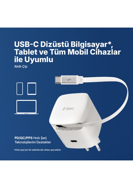 Smartcharger Gan 65W Pd Seyahat Hızlı Şarj Aleti Usb-C + Dahili Pd 65W 70CM Usb-C Şarj Kablosu