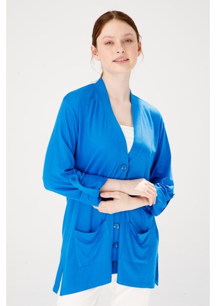 Kadın V Yaka Uzun Kol Cepli Düğmeli Penye Ceket Saks Mavi