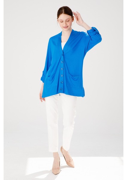 Kadın V Yaka Uzun Kol Cepli Düğmeli Penye Ceket Saks Mavi fiyatları
