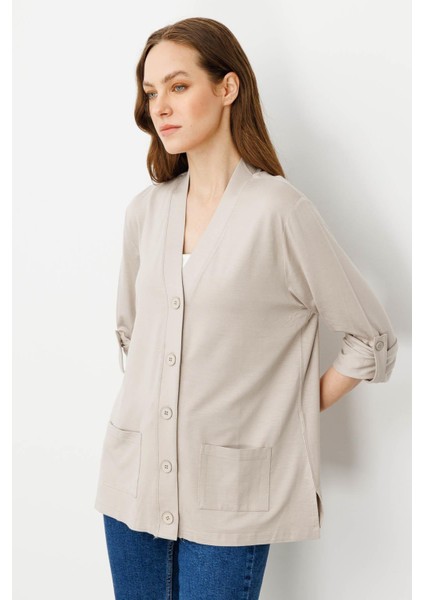 Kadın V Yaka Uzun Kol Cepli Düğmeli Penye Ceket Bej fiyatları