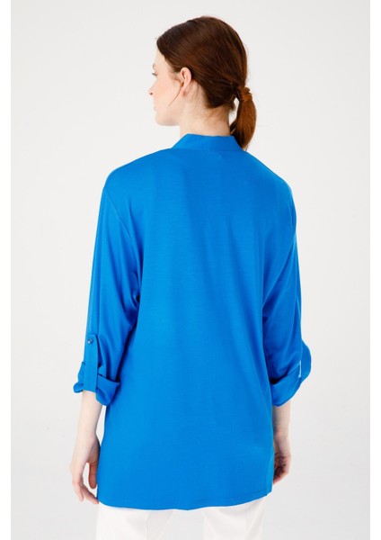 Kadın V Yaka Uzun Kol Cepli Düğmeli Penye Ceket Saks Mavi modelleri