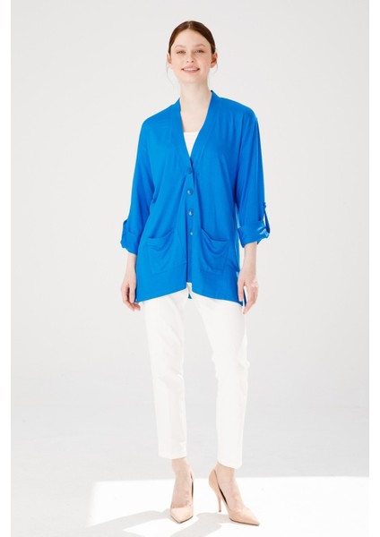 Kadın V Yaka Uzun Kol Cepli Düğmeli Penye Ceket Saks Mavi fırsatları