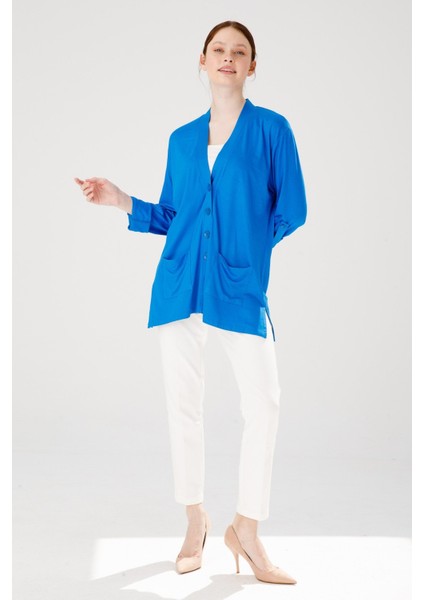 Kadın V Yaka Uzun Kol Cepli Düğmeli Penye Ceket Saks Mavi indirimleri