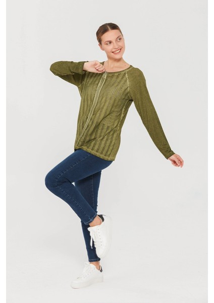 Kadın Sıfır Yaka Fermuarlı Penye Ceket Haki