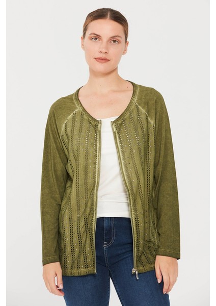 Kadın Sıfır Yaka Fermuarlı Penye Ceket Haki fiyatları