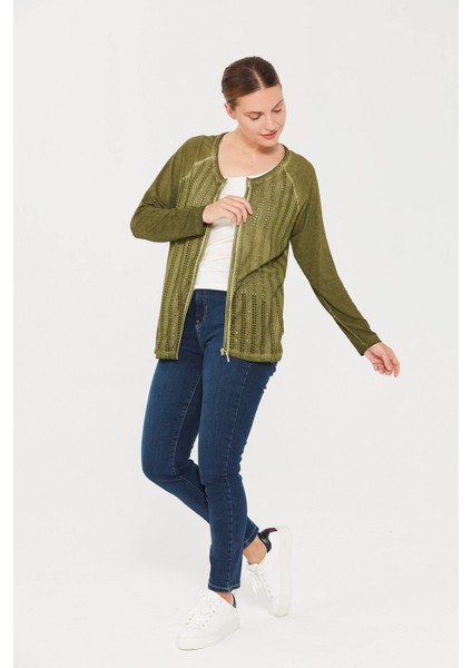 Kadın Sıfır Yaka Fermuarlı Penye Ceket Haki modelleri