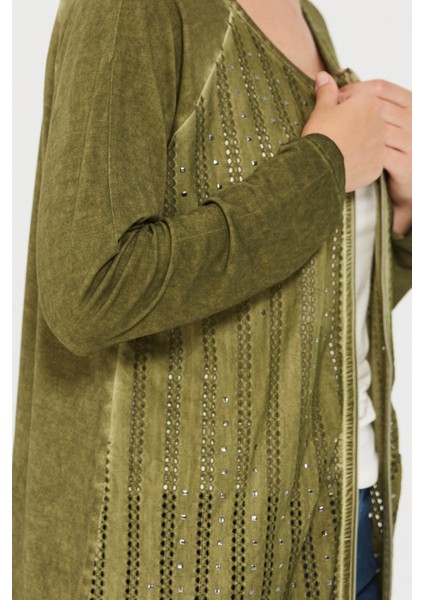 Kadın Sıfır Yaka Fermuarlı Penye Ceket Haki indirimleri