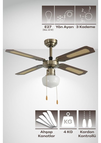 Tavan Vantilatörü 4 Kanat 107 cm Ahşap