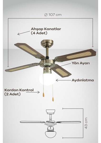 Tavan Vantilatörü 4 Kanat 107 cm Ahşap