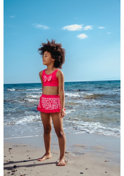 Kız Çocuk Fiyonk Detaylı Kalp Desenli Bikini Takımı