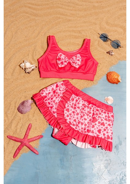 Kız Çocuk Fiyonk Detaylı Kalp Desenli Bikini Takımı fırsatları