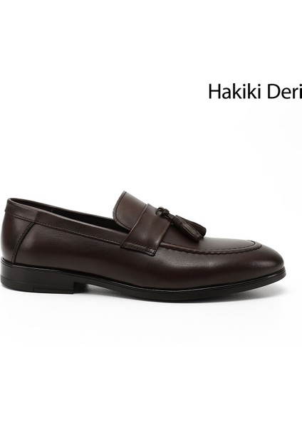 Erkek Kahverengi Püsküllü Hakiki Deri Loafer Ayakkabı