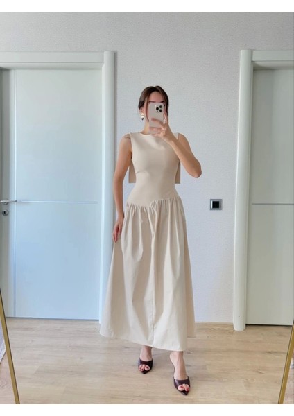 Arkası Kanatlı Uzun Elbise- Bej fiyatları