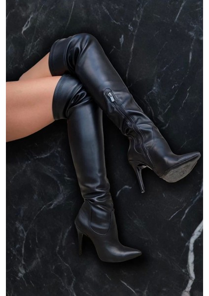 Kadın Deri Görünümlü Stiletto Topuklu Diz Üstü Çizme Sivri Burun Şık Model