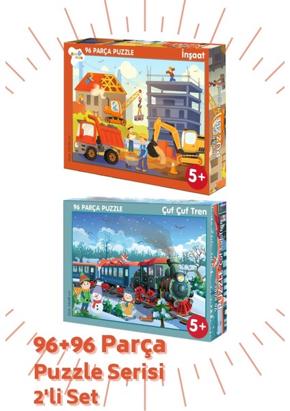 96 Parça Puzzle 2'li Set 96 Parça Çufçuf Tren ve 96 Parça Inşaat