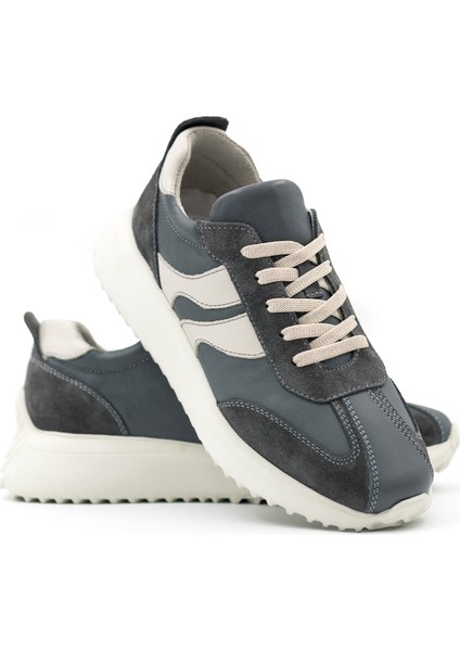Duotone Hakiki Deri Kadın Gri – Bej Casual Sneaker Ayakkabı (Süet Detaylı)