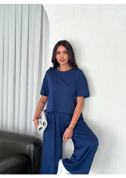 Osy Modal Yumuşak Dokulu Kumaş Bisiklet Yaka T-Shirt Bol Paça Pantalon Ikili Takım -Saks Mavi fiyatları