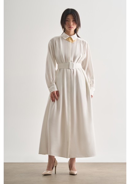 Tencel Dokulu Pile Detaylı Kemerli Maksi Ekru Elbise