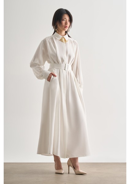 Tencel Dokulu Pile Detaylı Kemerli Maksi Ekru Elbise fiyatları