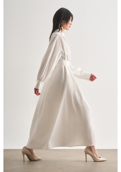 Tencel Dokulu Pile Detaylı Kemerli Maksi Ekru Elbise fırsatları