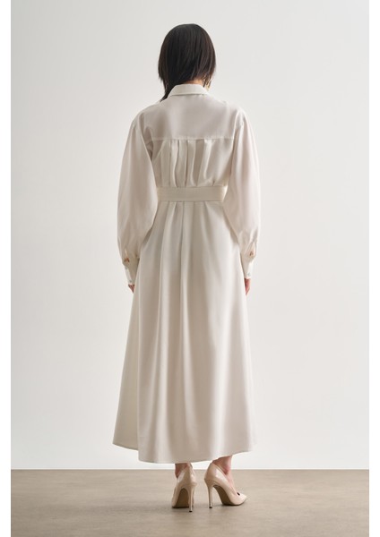 Tencel Dokulu Pile Detaylı Kemerli Maksi Ekru Elbise indirimleri
