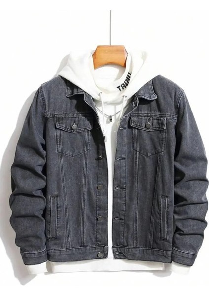 Erkek Jean Denim Standart Kalıp Cepli Düğmeli Kot Ceket