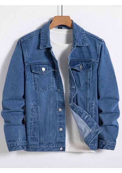 Erkek Jean Denim Standart Kalıp Cepli Düğmeli Kot Ceket