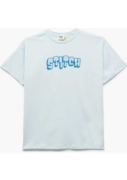 Lisanslı Stitch Baskılı Kısa Kollu Bisiklet Yaka Tişört