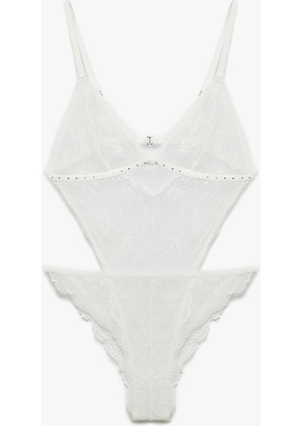 Pencere Detaylı Taşlı V Yaka Dantel Bodysuit