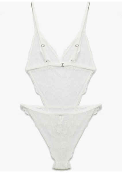 Pencere Detaylı Taşlı V Yaka Dantel Bodysuit