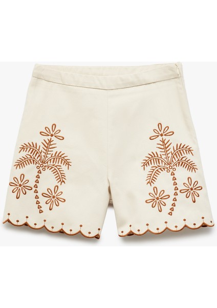 Palmiye Nakışlı Beli Lastikli Pamuklu Şort