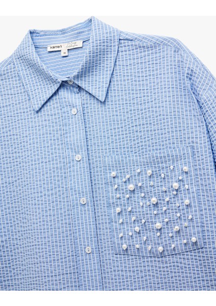 Uzun Kollu Dokulu Inci Işleme Detaylı Cepli Oversize Gömlek