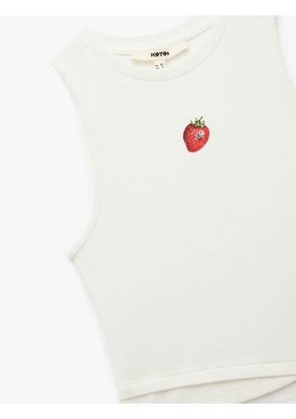 Kolsuz Bisiklet Yaka Çilek Baskılı Fitilli Crop Bluz