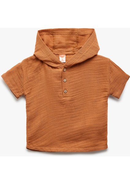 Kısa Kollu Pamuklu Müslin Kumaş Kapşonlu Gömlek