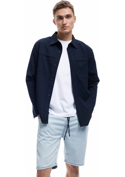 Beli Bağcıklı Bermuda Slim Fit Jean Şort