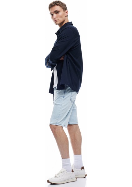 Beli Bağcıklı Bermuda Slim Fit Jean Şort