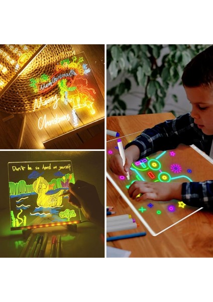 ® LED Işıklı Kendiliğinden Renkli Fosforlu Kalemli Kare Yazı Panosu 20X20 cm