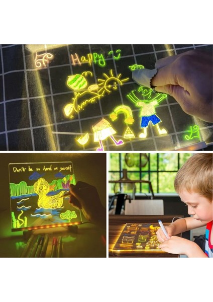 ® LED Işıklı Kendiliğinden Renkli Fosforlu Kalemli Kare Yazı Panosu 20X20 cm