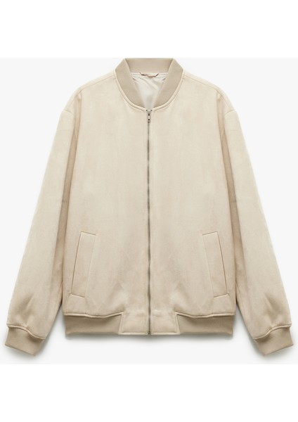Kolej Yaka Cep Detaylı Uzun Kollu Suni Süet Bomber Ceket