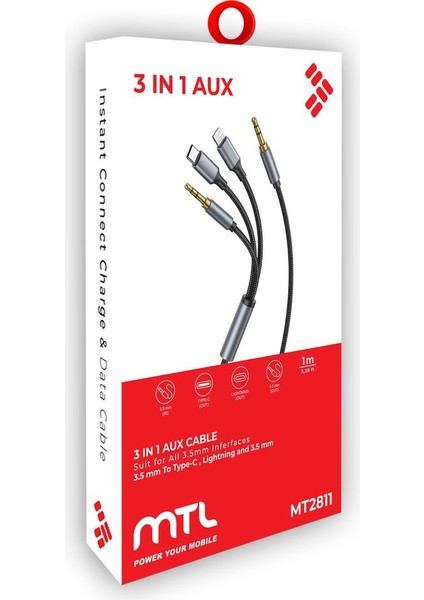 3 In 1 Lightning Type-C 3.5 mm Aux Kablo MT2811 Mtl Aksesuar