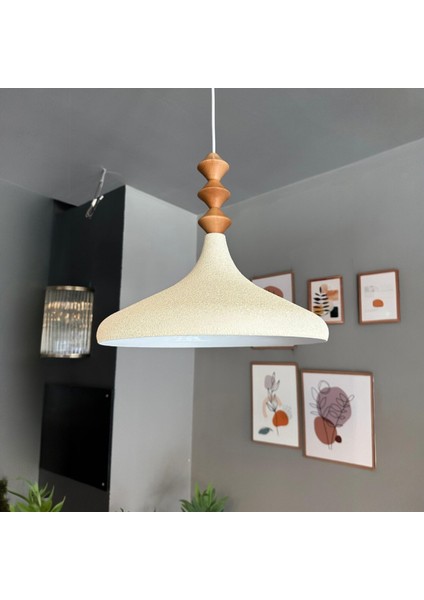 Dokulu Açık Krem Q Ahşap Tekli Avize Sarkıt Salon Mutfak Cafe Butik Lamba Aydınlatma Avizeler