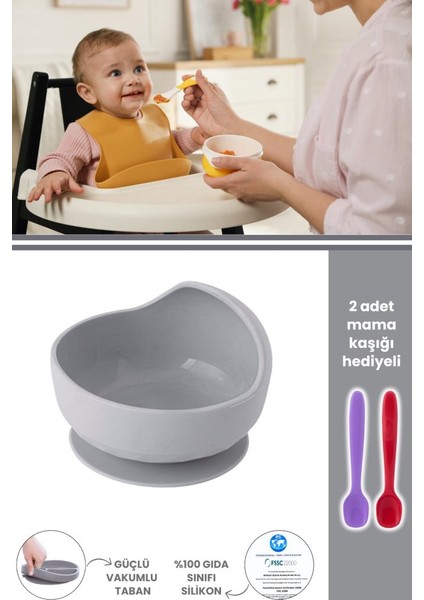 Eğimli Mama Kasesi, Vakum Tabanlı Bebek Çocuk Eğimli Mama Tabağı - 2 Mama Kaşığı Hediyeli