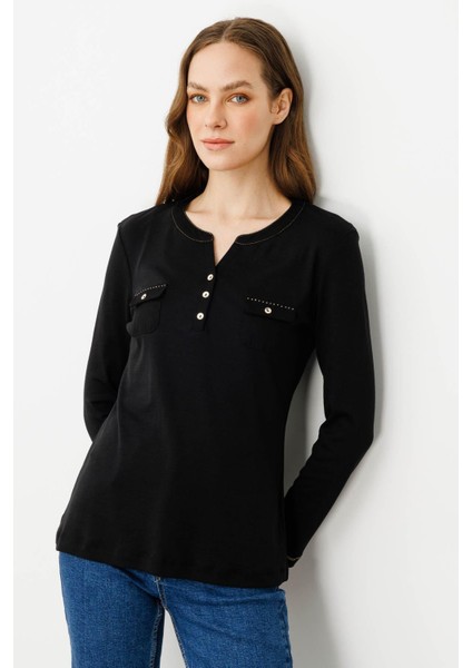 Kadın Açma Yaka Önü Cepli Pamuklu Bluz Siyah