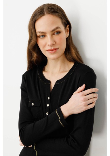 Kadın Açma Yaka Önü Cepli Pamuklu Bluz Siyah fiyatları