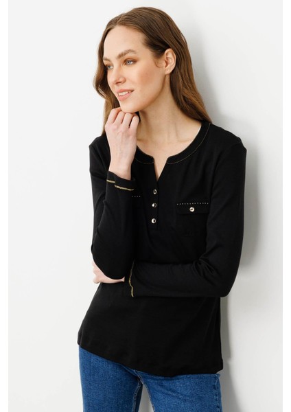 Kadın Açma Yaka Önü Cepli Pamuklu Bluz Siyah modelleri