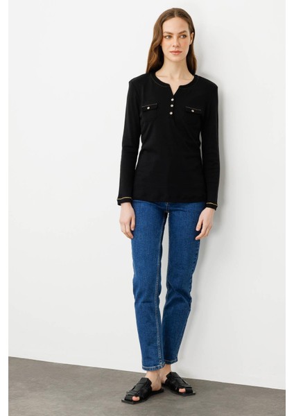 Kadın Açma Yaka Önü Cepli Pamuklu Bluz Siyah fırsatları