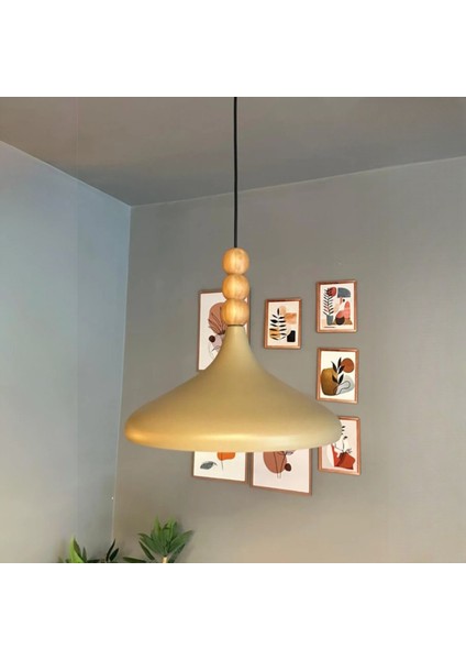 Bej Champion Ahşap Boncuklu Tekli Avize Sarkıt Salon Mutfak Butik Lamba Aydınlatma Avizeler