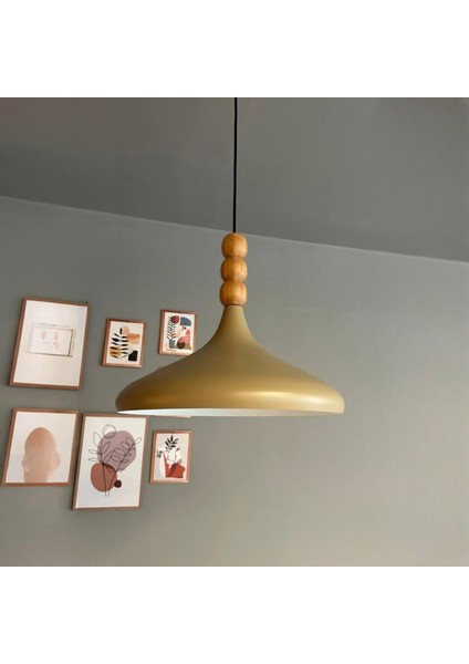 Bej Champion Ahşap Boncuklu Tekli Avize Sarkıt Salon Mutfak Butik Lamba Aydınlatma Avizeler